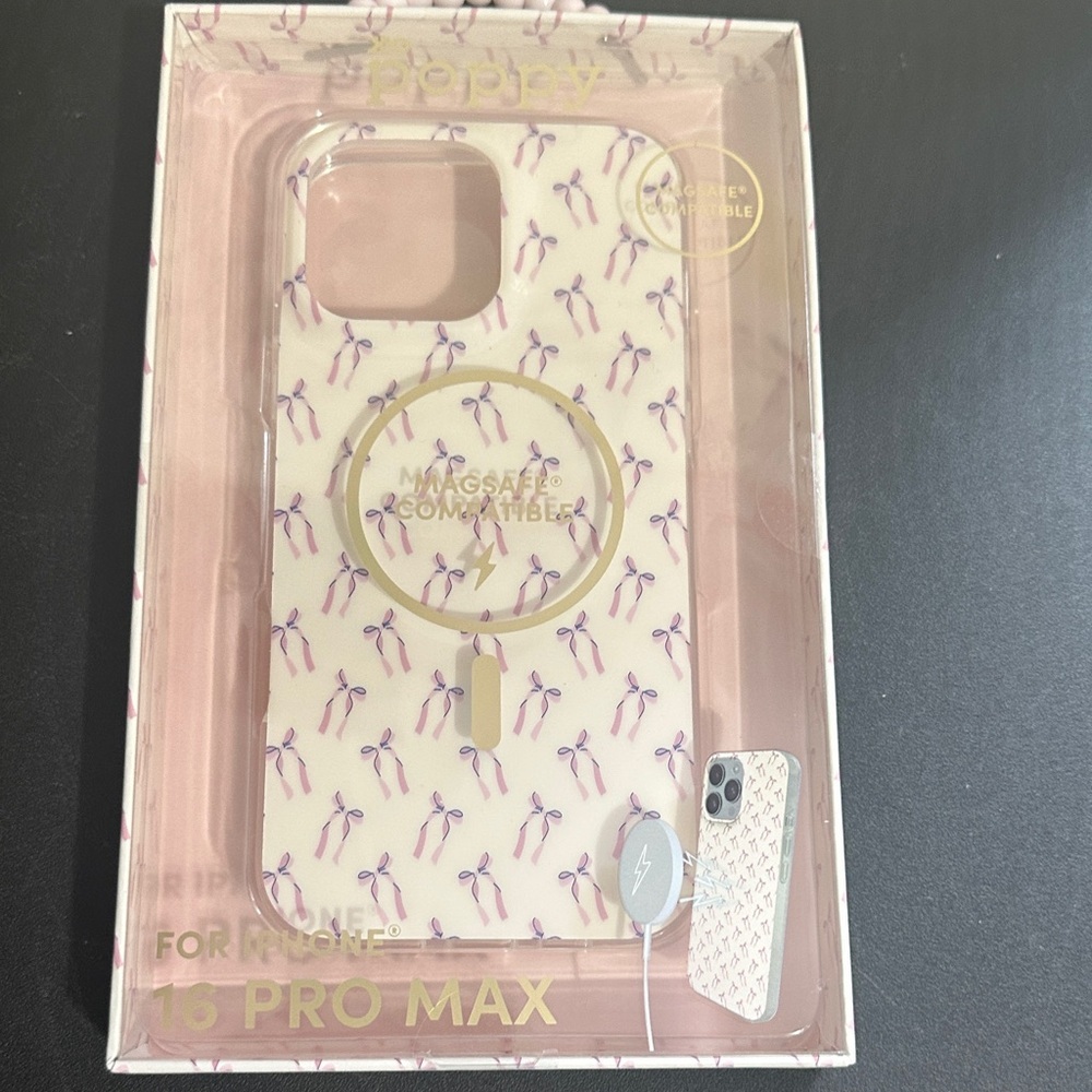 Xo poppy pink and blue bows on cream iPhone 16 pro max case